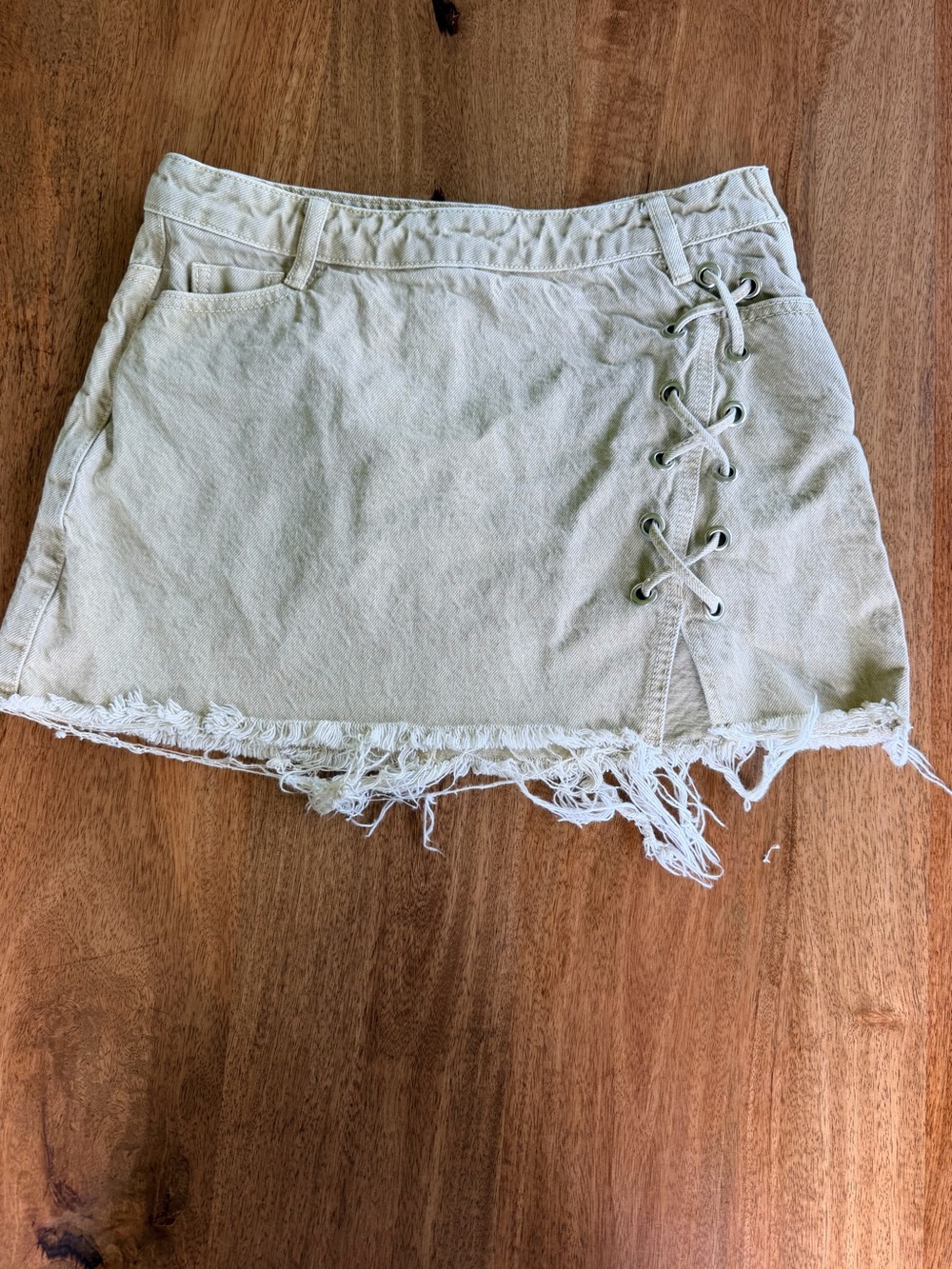 Zara Light Beige Lace-Up Frayed Hem Mini Skirt